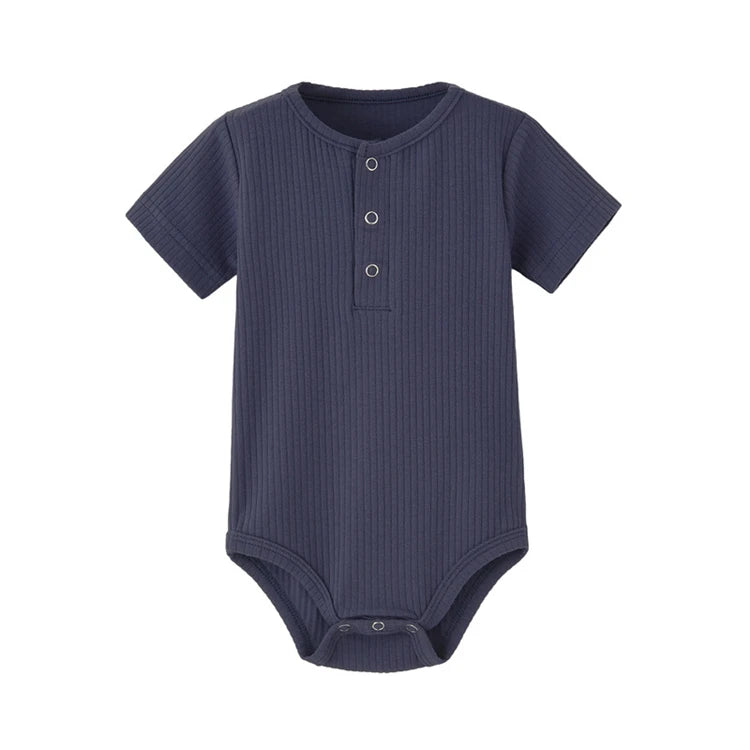 Midnight navy blue ribbed cotton stretch baby boy romper with durable bottom snaps.