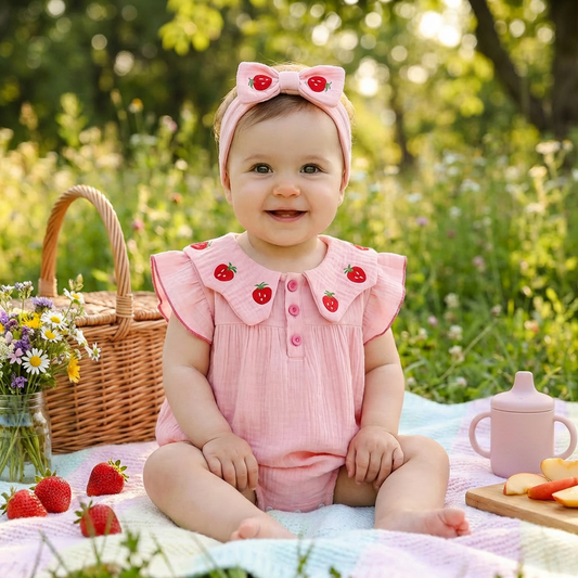 A smiling infant girl wearing the pink strawberry embroidered romper and matching headband, sitting outdoors on a picnic blanket next to a basket.