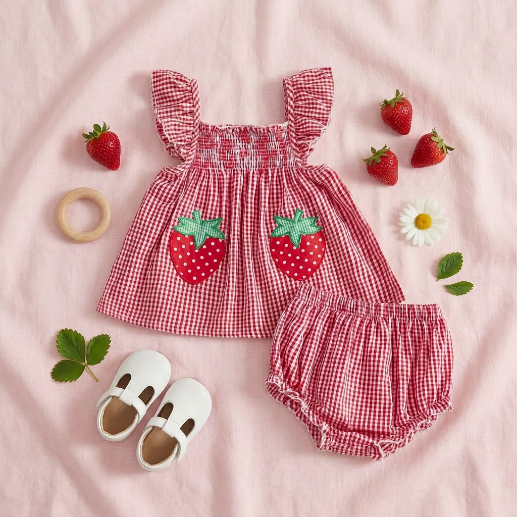 Aesthetic overhead flat lay of the strawberry gingham baby set styled on a pink background with fresh strawberries, a wooden teething ring, and white toddler shoes.