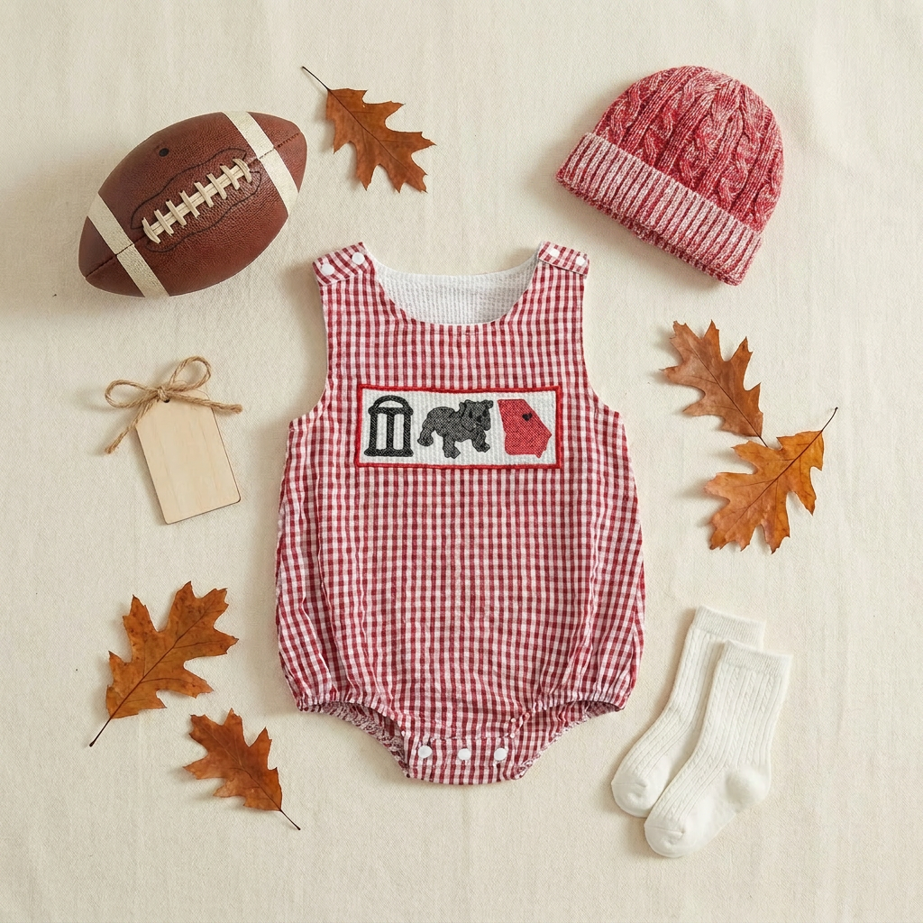 Styled flat lay of a red seersucker gingham infant gameday romper surrounded by fall football tailgate accessories including a mini football, red knit baby beanie, white socks, and autumn leaves on a cream surface.