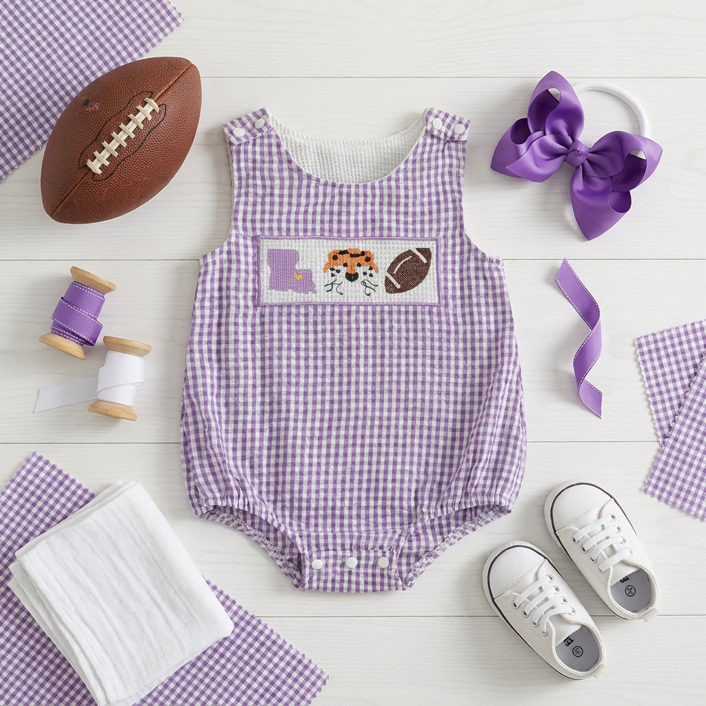 Styled flat lay of a purple seersucker gingham infant game day bubble romper on a white wooden background, accessorized with a mini football, a matching large purple hair bow, white baby sneakers, spools of thread, and coordinating gingham fabric cloths.