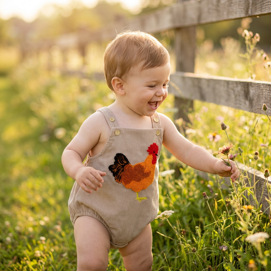 Child wearing a romper with a rooster design in a grassy field on a farm