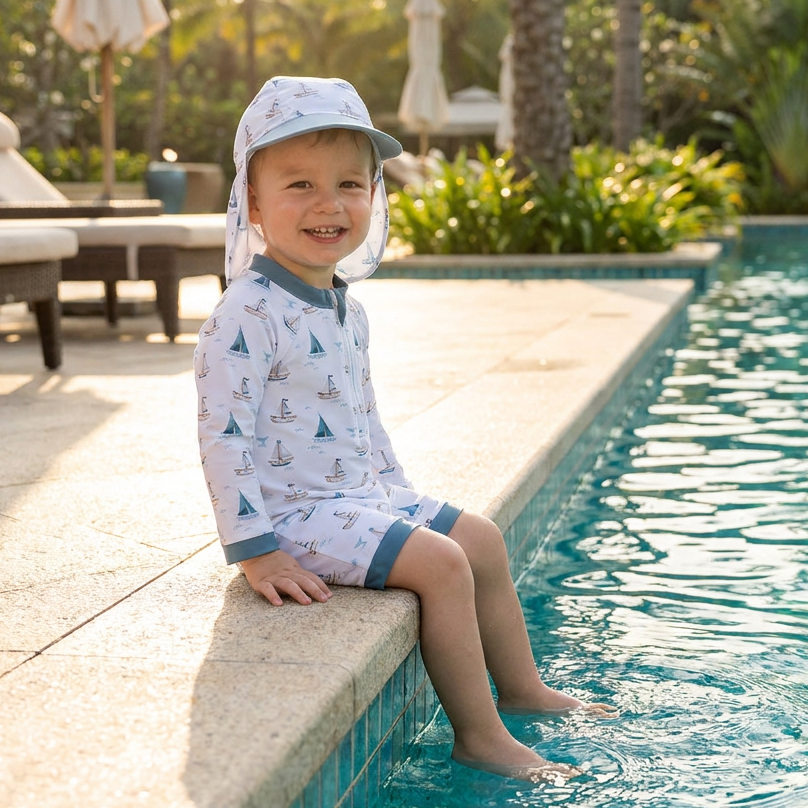 Toddler boy wearing a long sleeve nautical sailboat rash guard swimsuit and matching sun hat while sitting at a resort pool