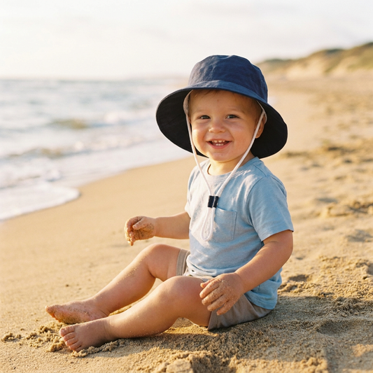 A smiling toddler sitting on a sandy beach wearing a dark blue wide brim bucket sun hat with the adjustable chin strap secured.