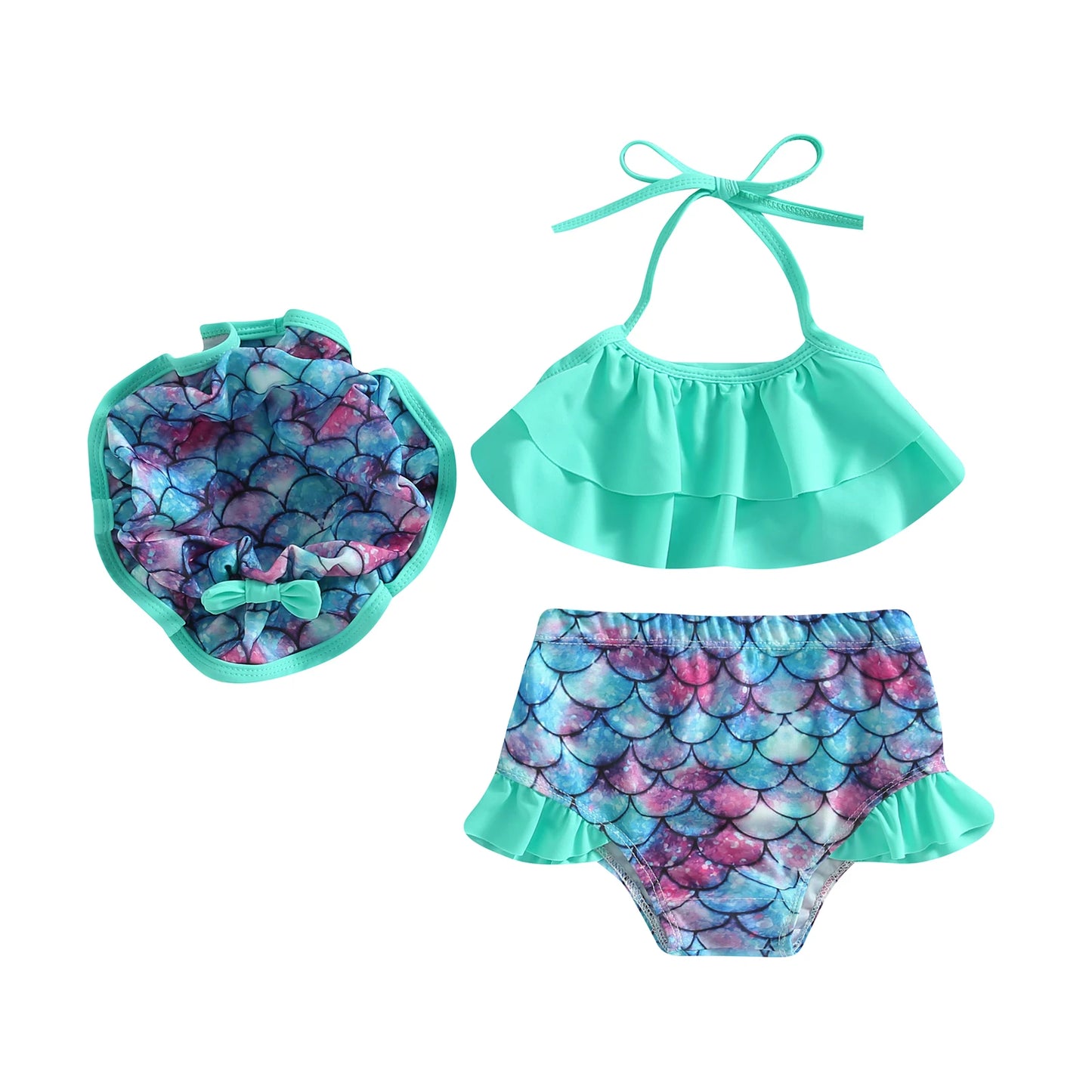 Toddler girl aqua green and purple mermaid scale bikini featuring a ruffled teal halter top and matching mermaid print swim cap.