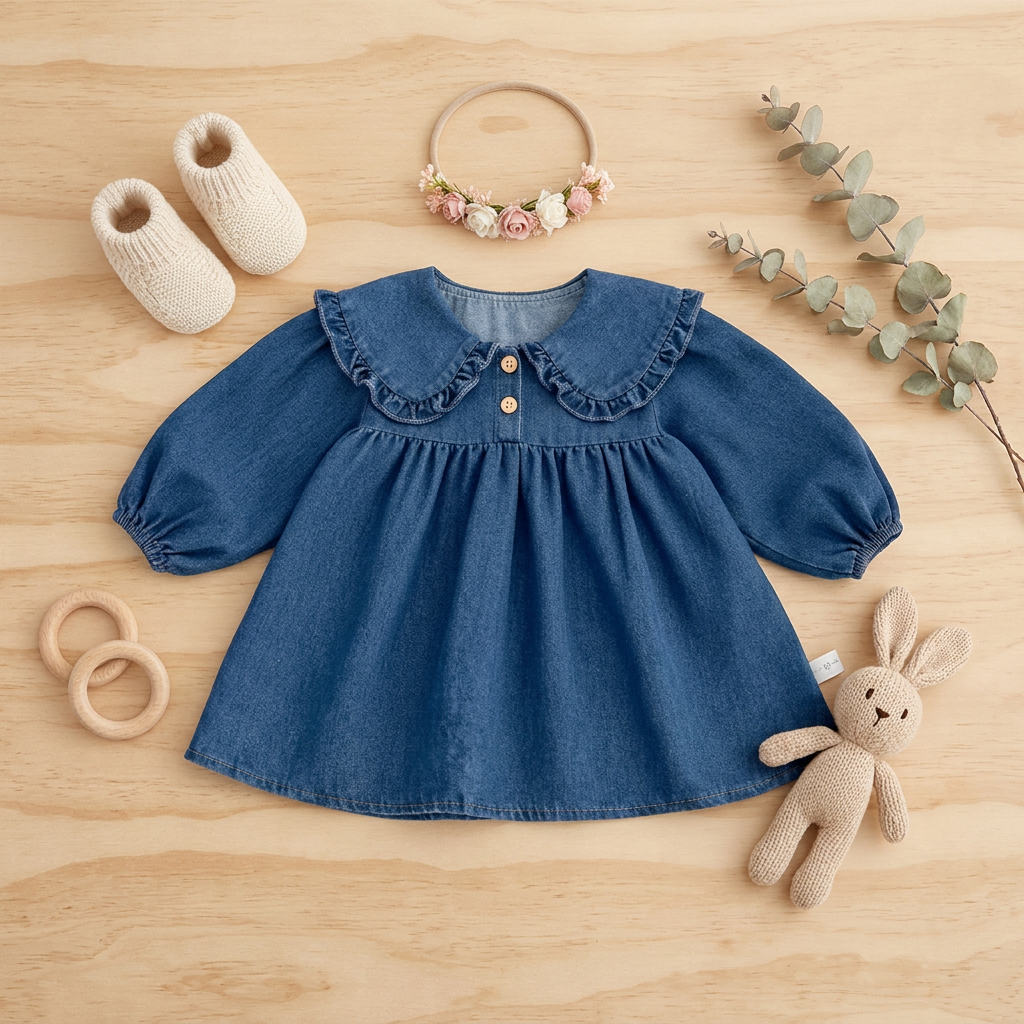 Styled flat lay of a toddler girl blue denim long-sleeve dress with a ruffle Peter Pan collar, surrounded by cream knit booties, a floral headband, wooden teething rings, a knit bunny toy, and a eucalyptus sprig on a light wood background.
