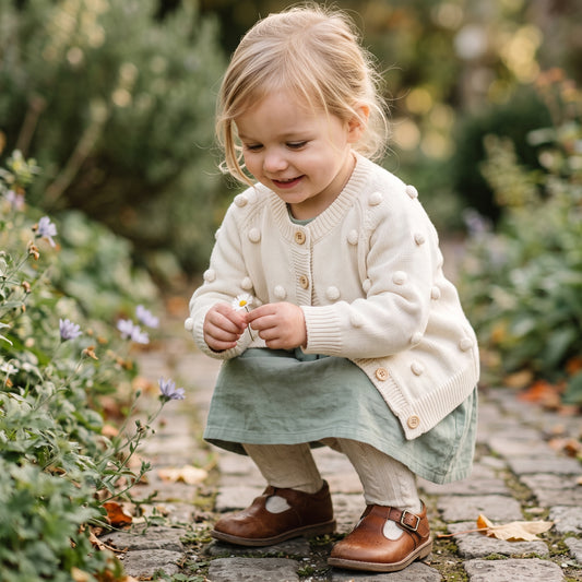 Toddler girl smiling outdoors wearing the cozy cream cotton knit pom-pom cardigan sweater over a dress.