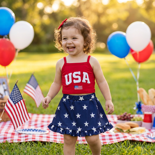 A smiling toddler girl wearing the red USA tank top and blue star skirt set at an outdoor 4th of July picnic with American flags and balloons.