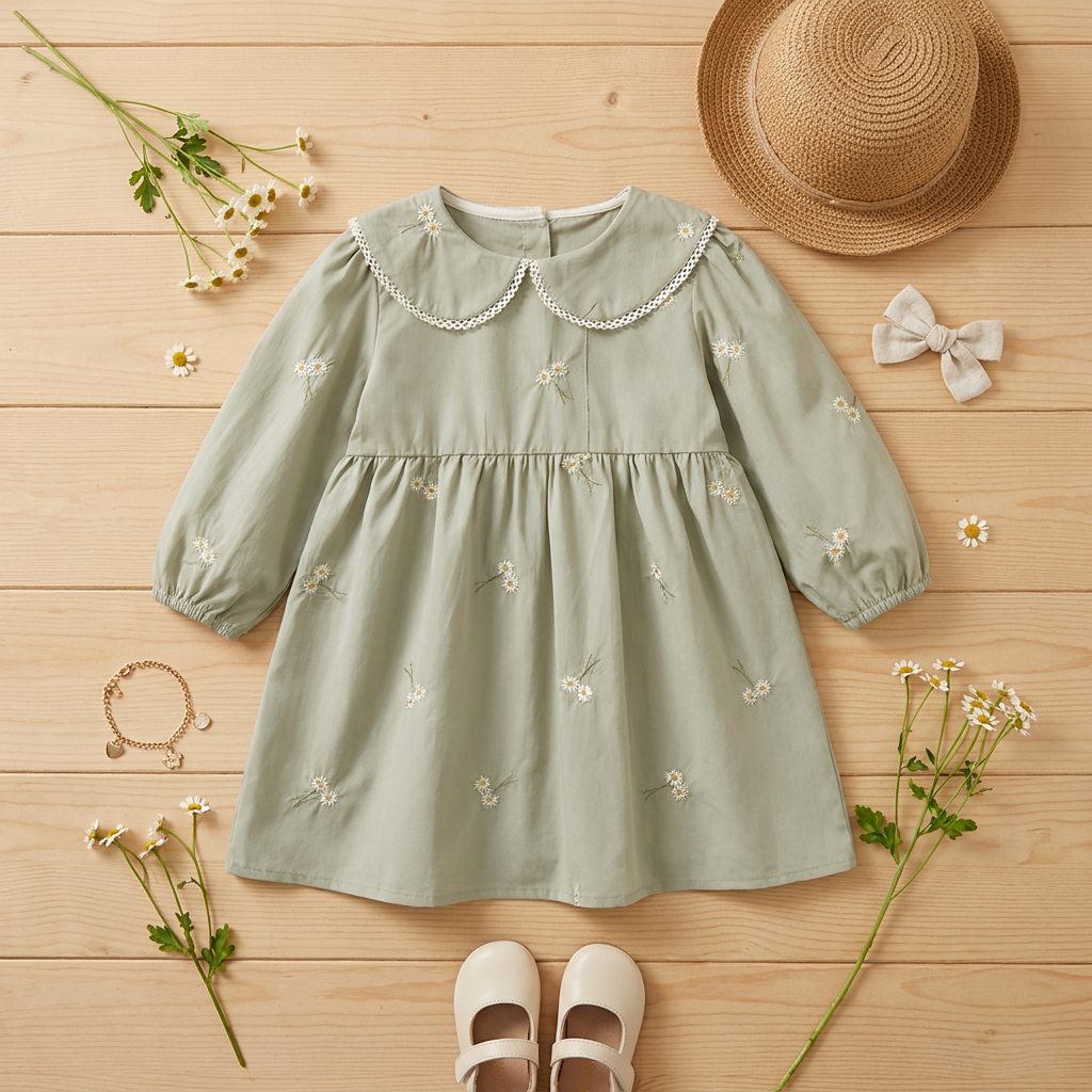 Overhead flat lay of the sage green daisy embroidered girls dress on a light wooden background styled with a straw hat and floral accessories.