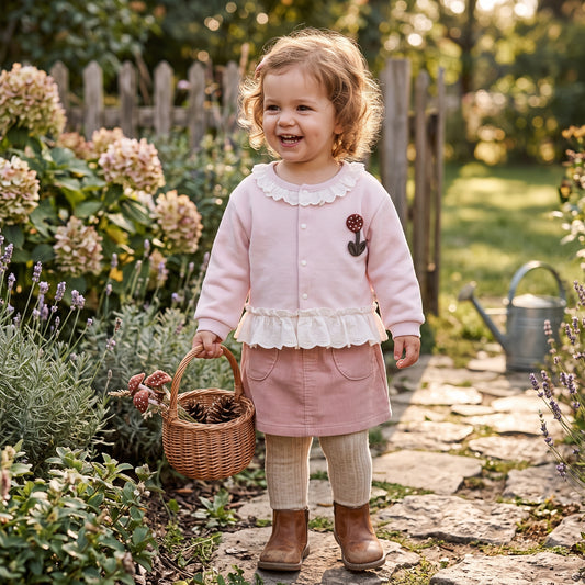Smiling toddler girl standing outdoors wearing a cozy pink cotton blend floral lace cardigan over a dress.