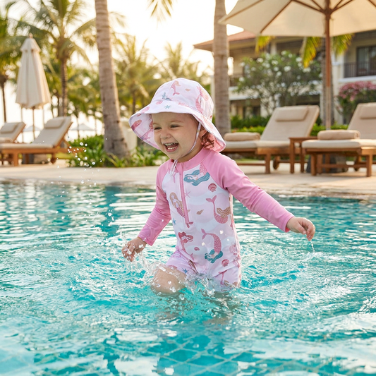 Toddler girl in a pink long sleeve mermaid rash guard swimsuit and sun hat playing in a pool with palm trees and lounge chairs in the background.