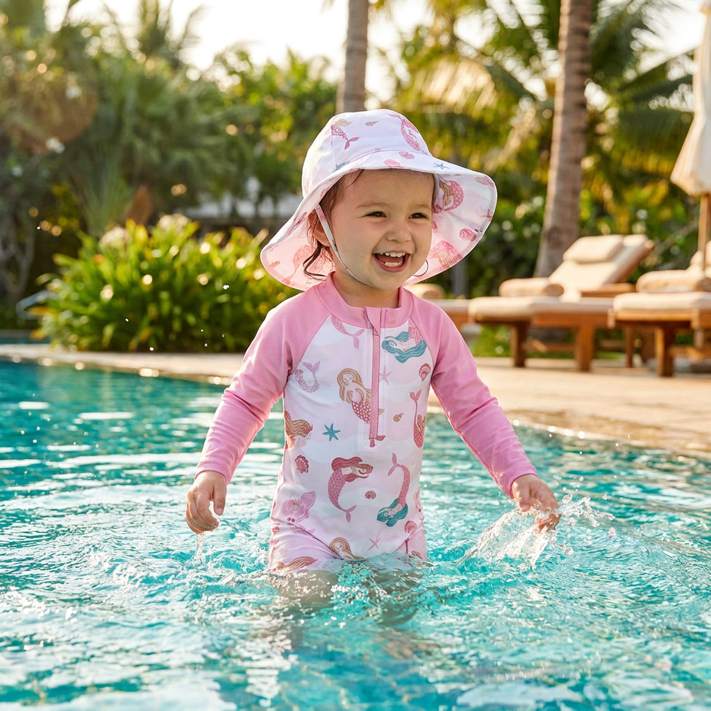 Child in a pink long sleeve rash guard swimsuit with mermaid pattern and sun hat playing in a pool with palm trees in the background
