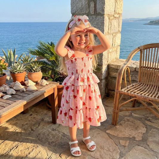 Young girl in a pink smocked watermelon dress while standing on a stone patio with ocean view.