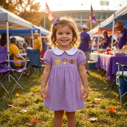 A smiling toddler girl wearing the purple and white striped game day dress with tiger embroidery and a purple hair bow, standing outdoors at a sunny football tailgate party with a stadium in the background.