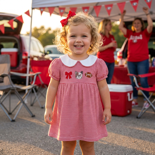 A smiling toddler girl wearing the red and white striped game day dress with bulldog embroidery and a red hair bow, standing outdoors at a sunny football tailgate party.