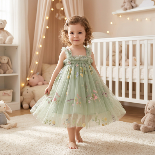 Toddler girl wearing a sage green fairy dress with floral embroidery