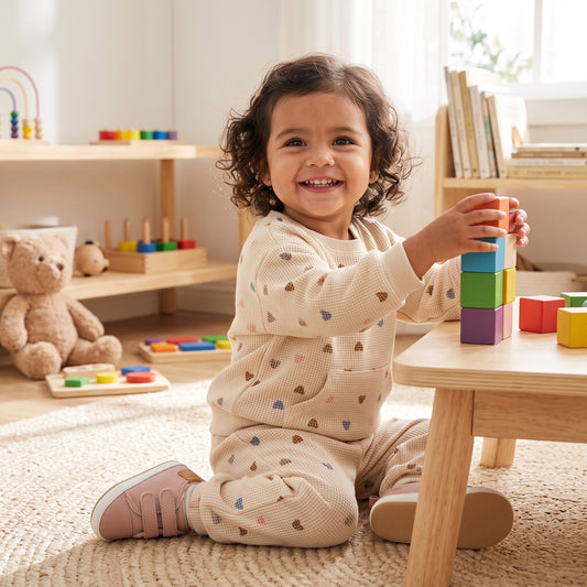 Toddler girl playing with wooden blocks while wearing a cream waffle knit heart print sweatsuit set