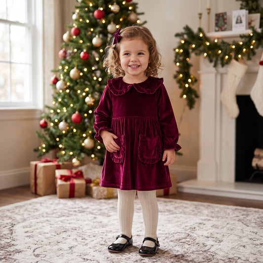 Toddler girl standing in front of a Christmas tree wearing a wine red velvet A-line holiday dress with white tights.