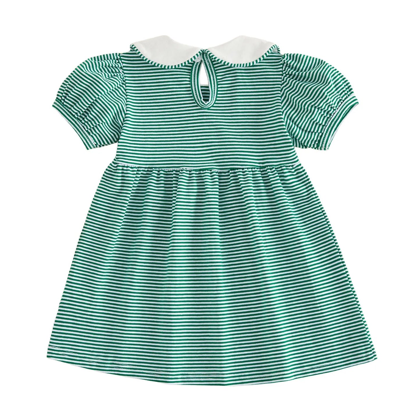 Full back view of the green striped game day dress showing the A-line silhouette and white collar on a white background.
