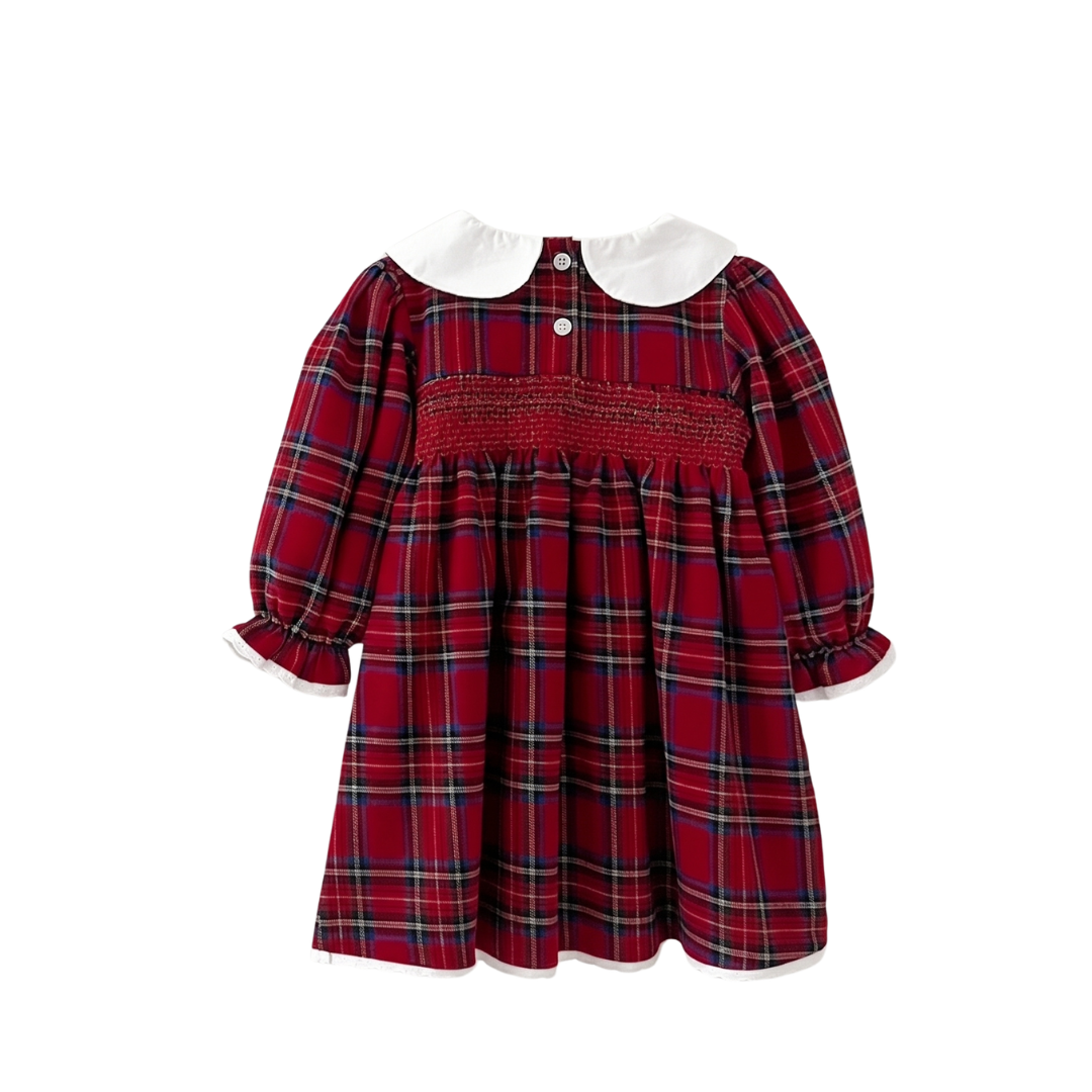 Back view flat lay of long sleeve toddler and girls red plaid smocked holiday dress