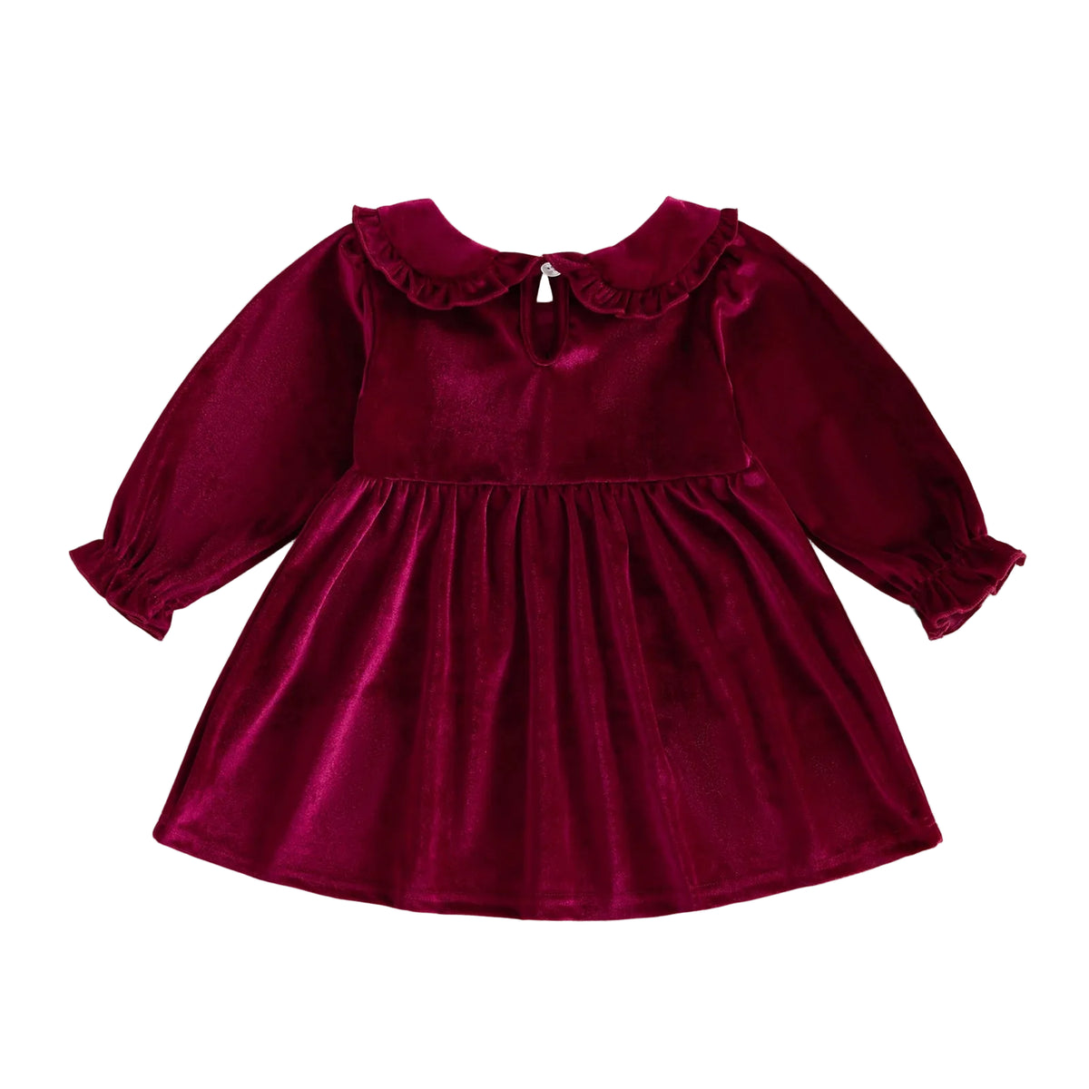 Back view of toddler girls wine red velvet Christmas dress showing keyhole button closure and long sleeves.