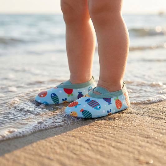 Lifestyle image of a toddler wearing Kidsely blue fish pattern aqua socks while walking along the ocean shoreline on wet sand.