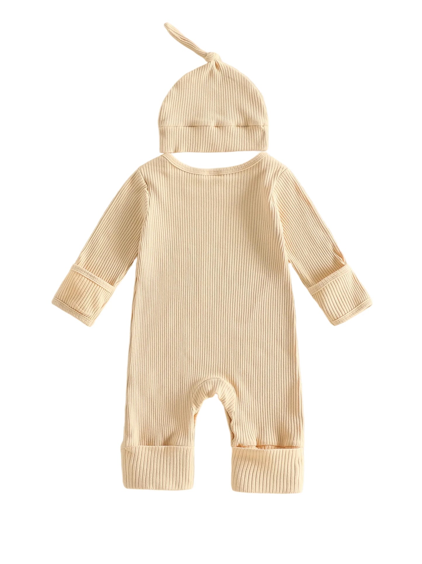 Flat lay back view of the beige unisex baby long-sleeve ribbed romper and matching newborn knot hat.