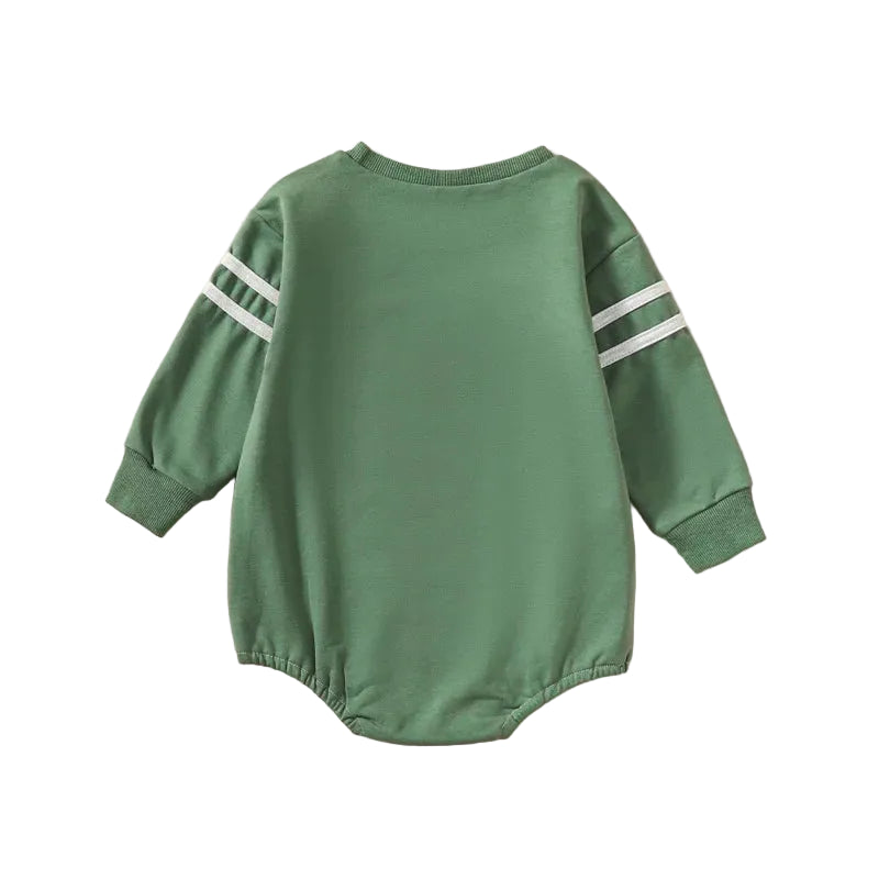 Full back view of the plain sage green long sleeve baby sweatshirt romper showing the drop-shoulder layout and gathered bubble silhouette.