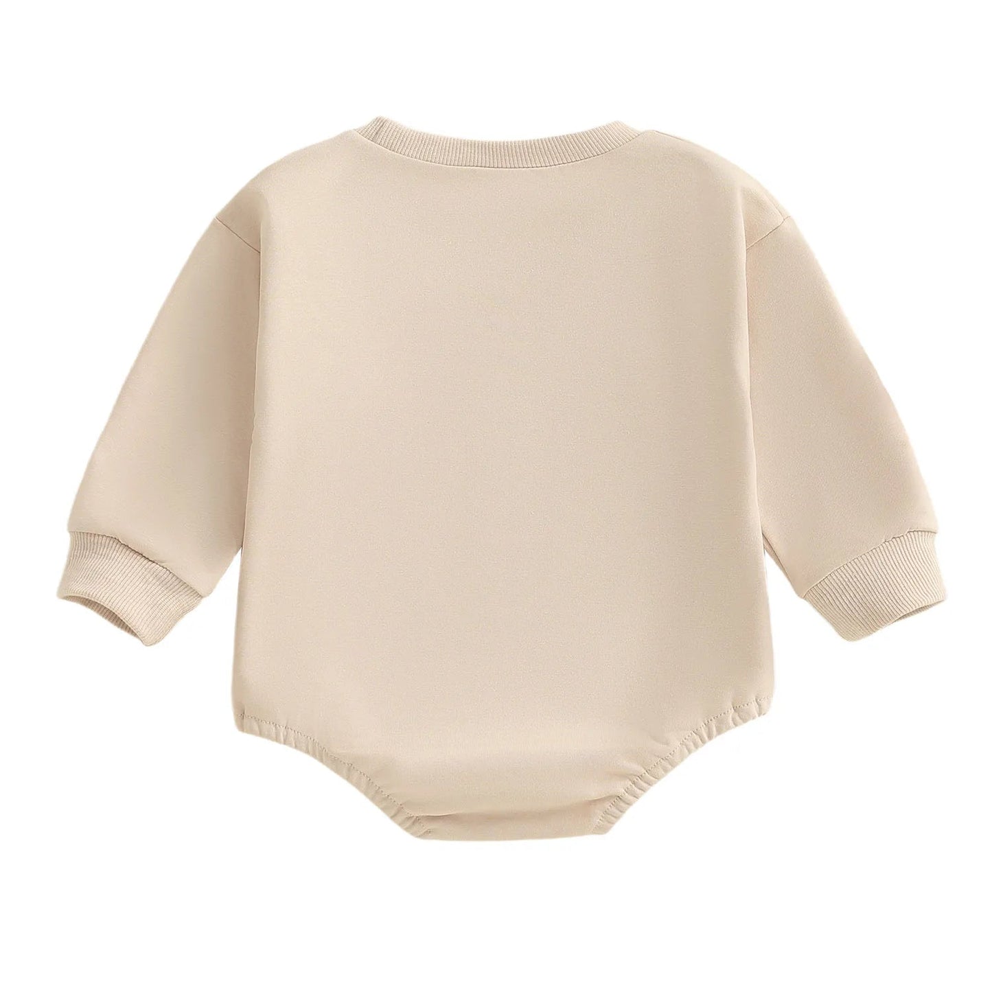 Back view of the solid beige long-sleeve baby sweatshirt romper.