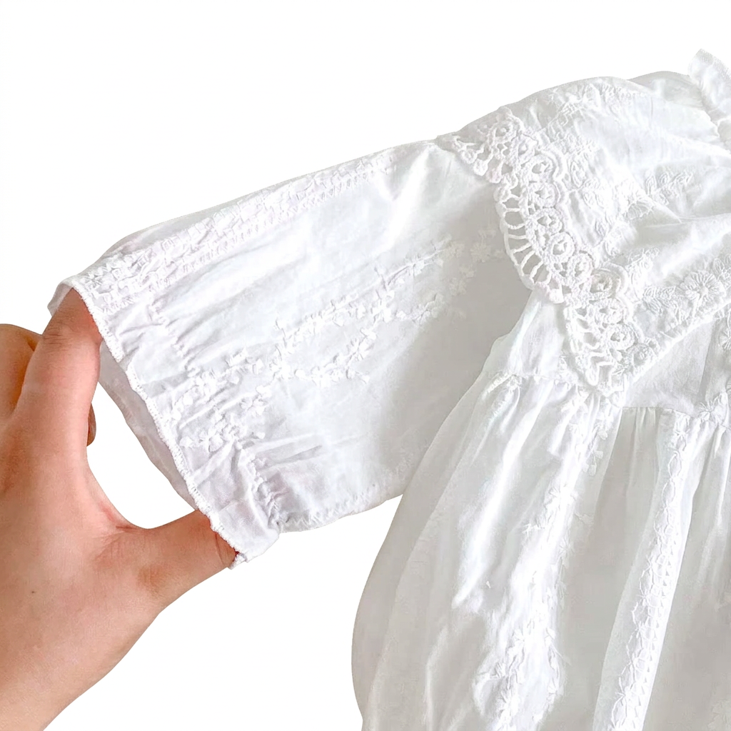 Hand holding the elasticized ruffle wrist cuff and long bishop sleeve of a white infant romper.