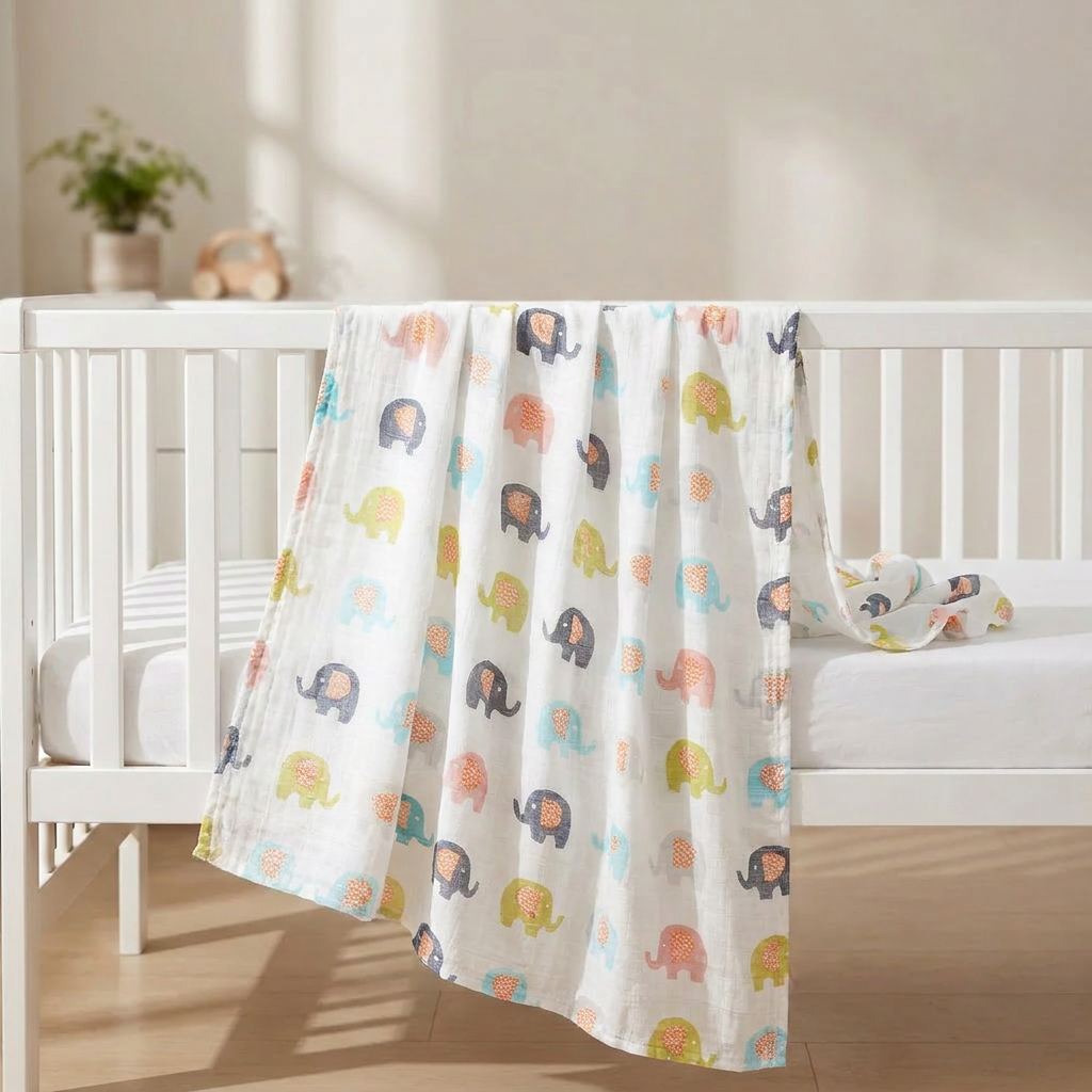 A large bamboo cotton muslin baby swaddle blanket featuring a yellow and grey elephant print, draped over a white nursery crib.