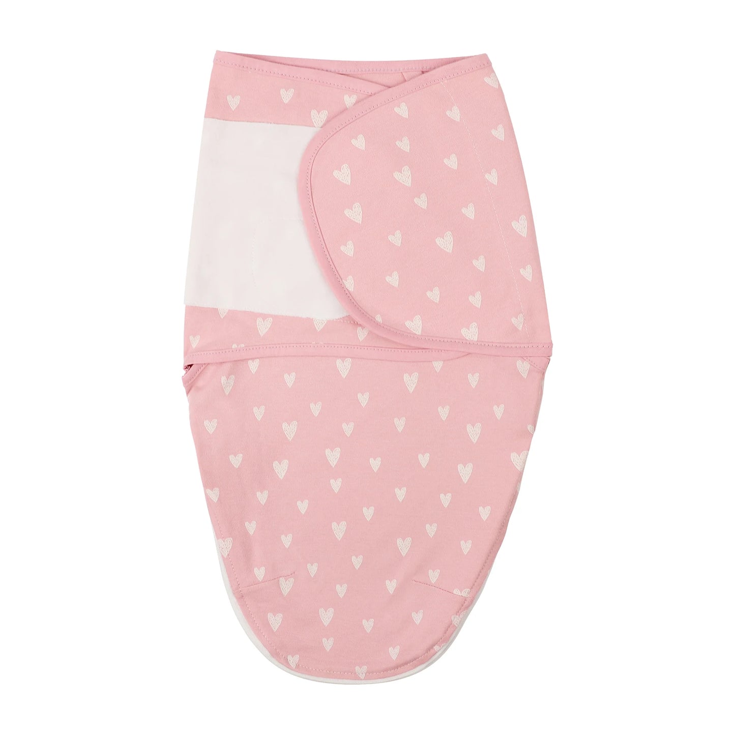 Pink love heart pattern newborn swaddle sleep sack made of 100% cotton, featuring adjustable silent velcro wings.