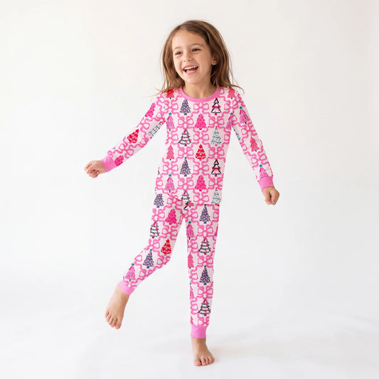 Soft Bamboo Viscose Toddler Two-Piece Pajama Set - Pink Christmas Trees & Ribbon Bows (2-4T)