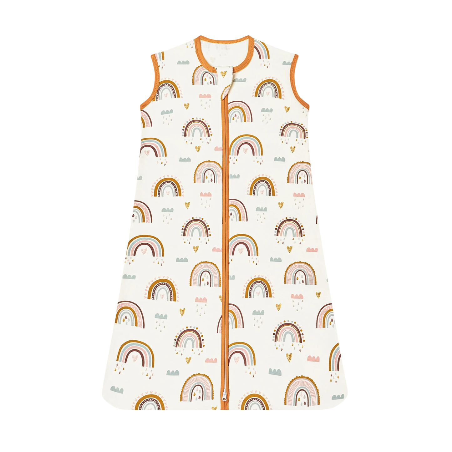 Boho rainbow print baby sleep sack, pastel colors sleeveless cotton wearable blanket.