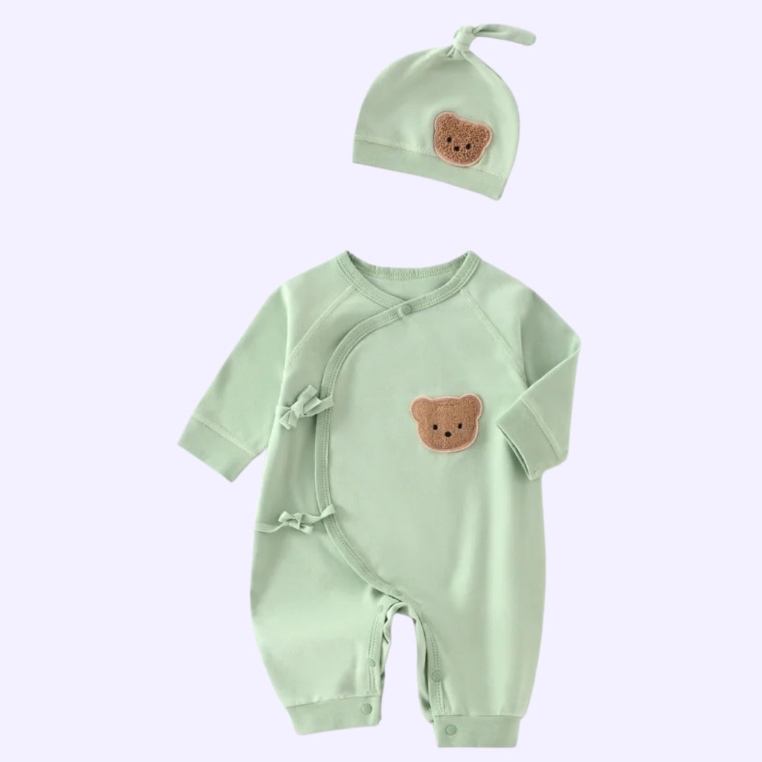 Sage green unisex baby romper with kimono tie closure and matching teddy bear hat, gender neutral baby gift.