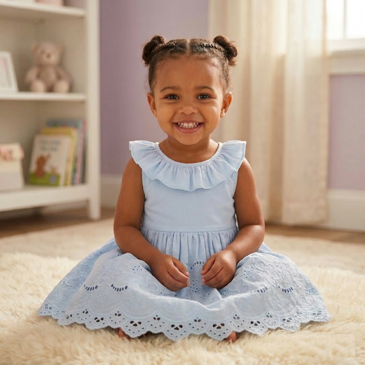 Toddler girl wearing blue Broderie Anglaise eyelet Easter dress