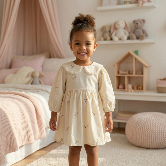 Baby Girl Cream Floral Cotton Dress - Long Sleeve Spring Princess Party Dress (2T-6T)