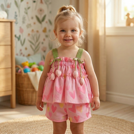 toddler girl wearing pink tulip top and shorts matching set