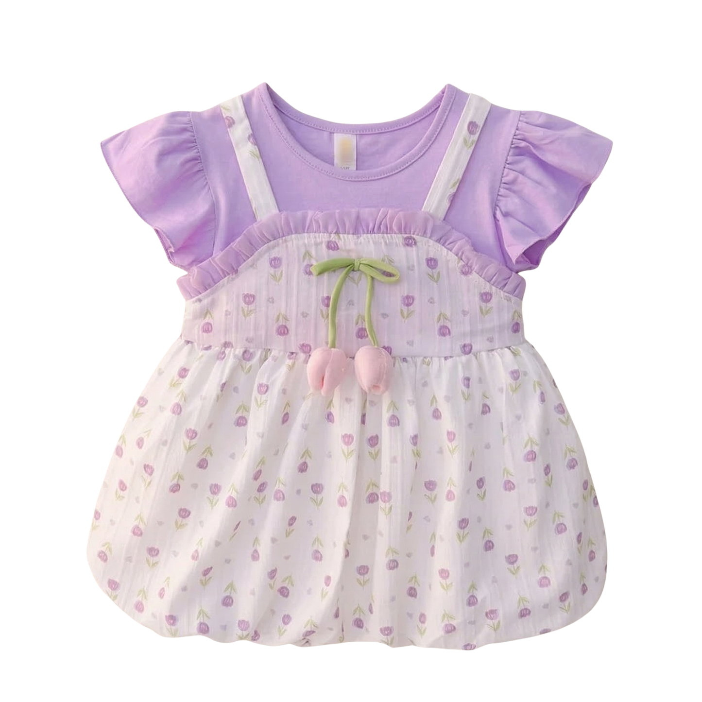 Toddler Girl's dress with purple top and tulip floral skirt on a white background