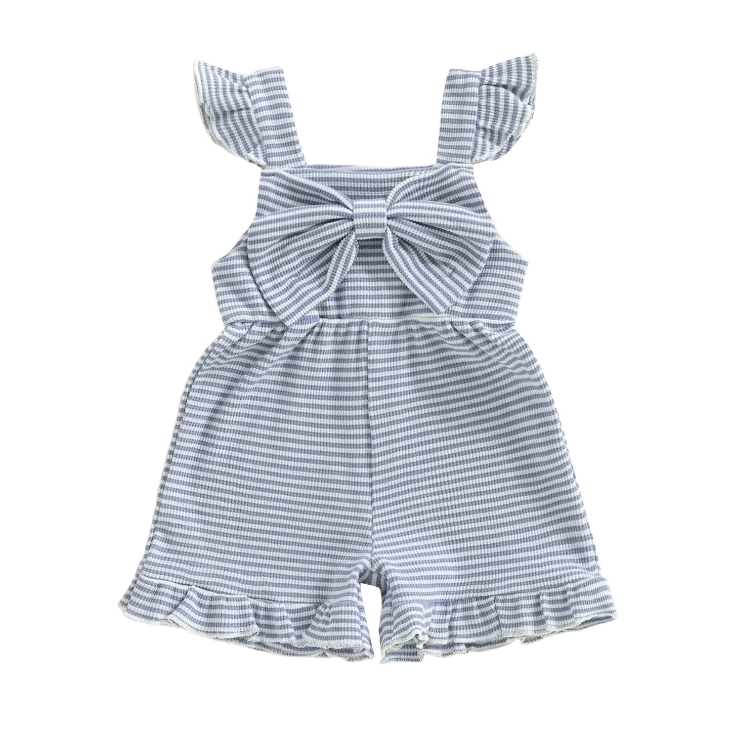 Toddler girl's dusty blue and white striped cotton jumpsuit with ruffle details and a sweetheart neckline bow.