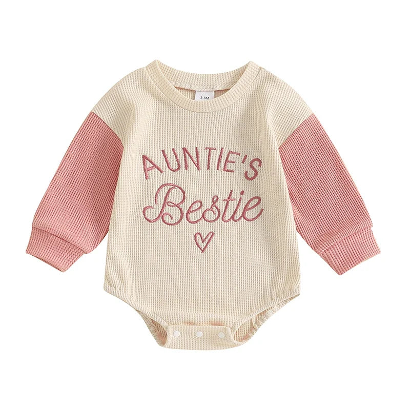 Baby Girl Auntie's Bestie Waffle Knit Long Sleeve Bodysuit Romper - Pink (0-18M)