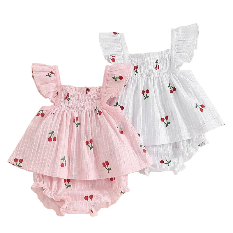 Newborn Baby Girl Cherry Print 2-Piece Summer Outfit - Smocked Fly Sleeve Babydoll Top & Ruffle Shorts Set (3-24M)