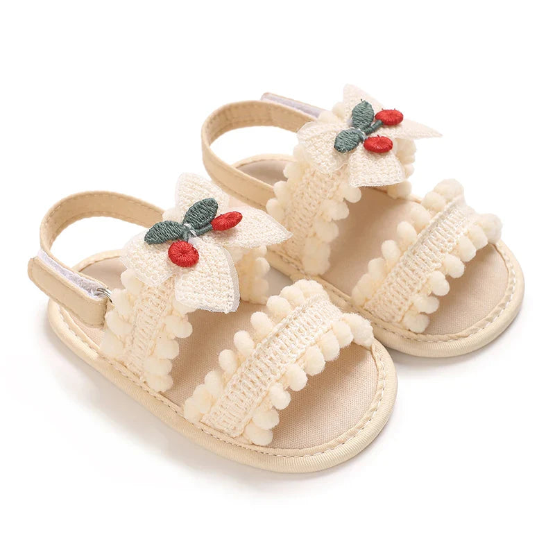 Baby Girl Cherry Pom-Pom Sandals - Boho Soft Sole Infant First Walkers (0-18M)