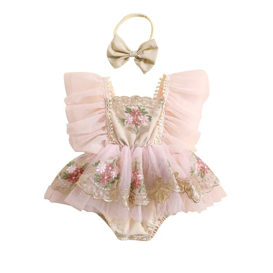 Baby Girl Floral Lace Romper – Embroidery Fly Sleeve Jumpsuit with Headband (0-24M)