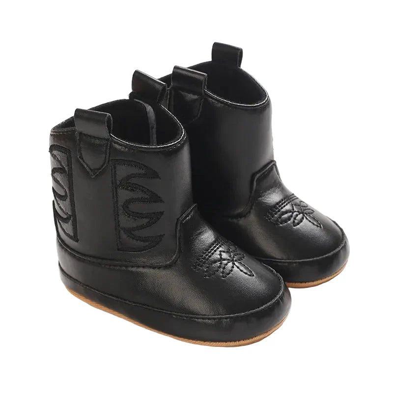 Infant Black Cowboy Boots - Baby Unisex Rubber Sole Western Booties (0-18M)