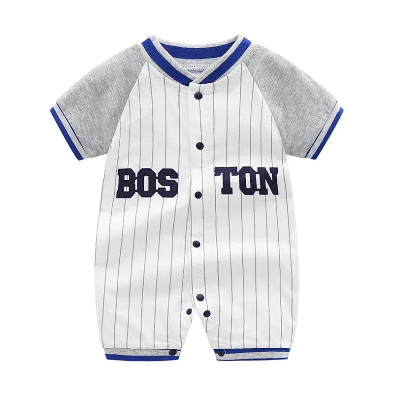 Boston Baby Boy Baseball Shortall - 100% Pure Cotton Pinstripe Jersey (0-18M)