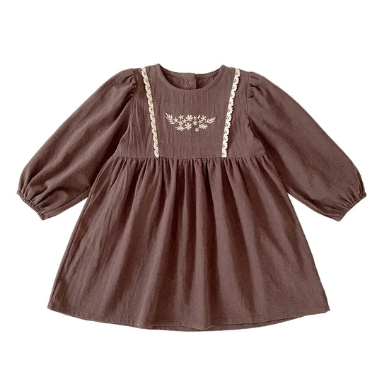 Toddler & Girls Brown Floral Embroidered Cotton Long Sleeve Dress (2T-6T)