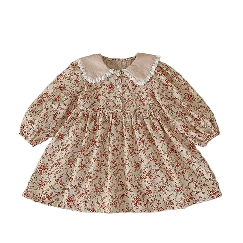 Toddler & Girls Cream Vintage Floral Long Sleeve Dress with Lace Collar (18M-6T)