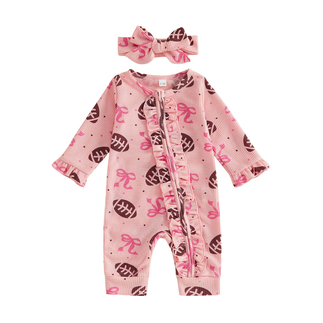 Baby Girl Pink Waffle Romper & Headband Set - Football Print Ruffle Zip Jumpsuit (0-18M)