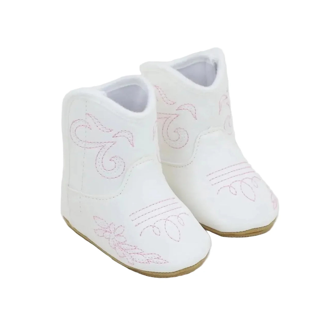 Infant Baby Girl White Western Cowgirl Boots with Pink Embroidery & Anti-Slip Sole (0-18M)